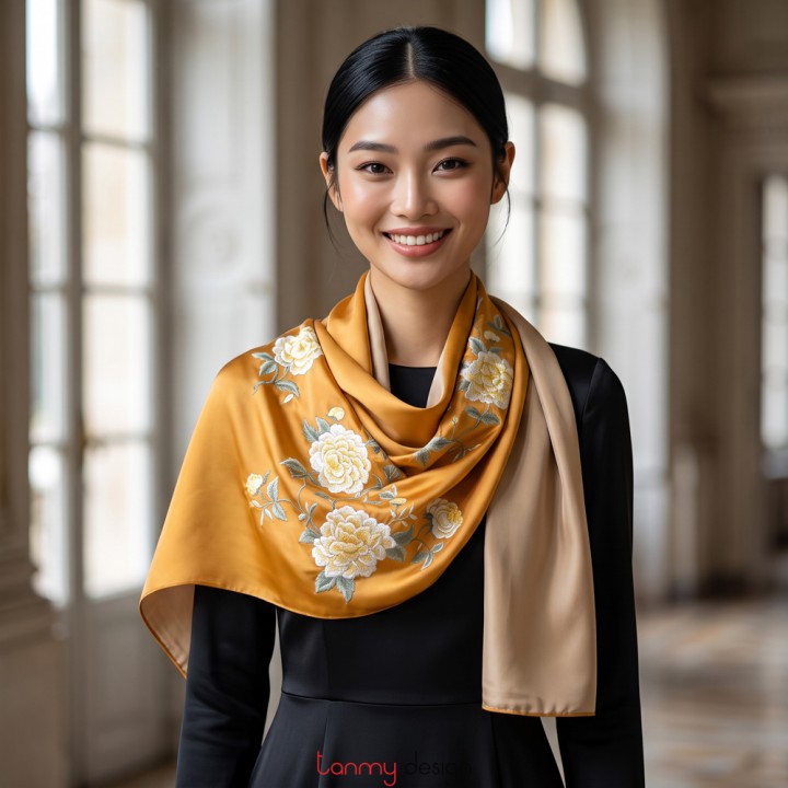 Silk scarf hand-embroidered with the Camellia  55*200 cm- Different colors
